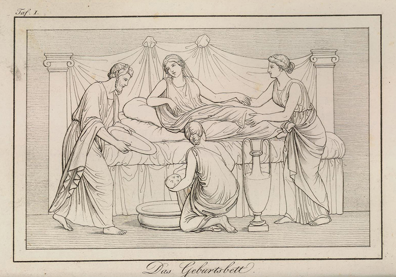 Abbildung: Das Geburtsbett, Tafel I aus: Thomas Lederer: Mutter und Kind. Oder: Schwangerschaft, Entbindung und Wochenbette […]. Wien: Armbruster 1826.