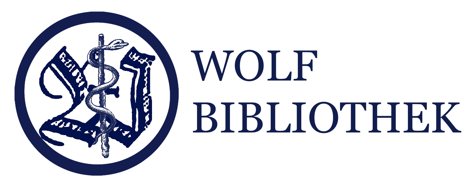 Logo: Stilisiertes "W", mittig Aeskulapstab, Text: Wolf Bibliothek, Design by Margrit Hartl