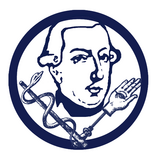 Logo: Portrait Josef II, links Aeskulapstab, rechts Stab, Hand Auge (Chirurgie), Text:  Josephinische Bibliothek, Design by Margrit Hartl