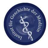 Logo Neuburger Bibliothek: Aeskulapstab, Text: Institut für Geschichte der Medizin; Design by Margrit Hartl