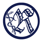 Logo: Stilisiertes "R", links Aeskulapstab, Text:Rara Bibliothek, Design by Margrit Hartl